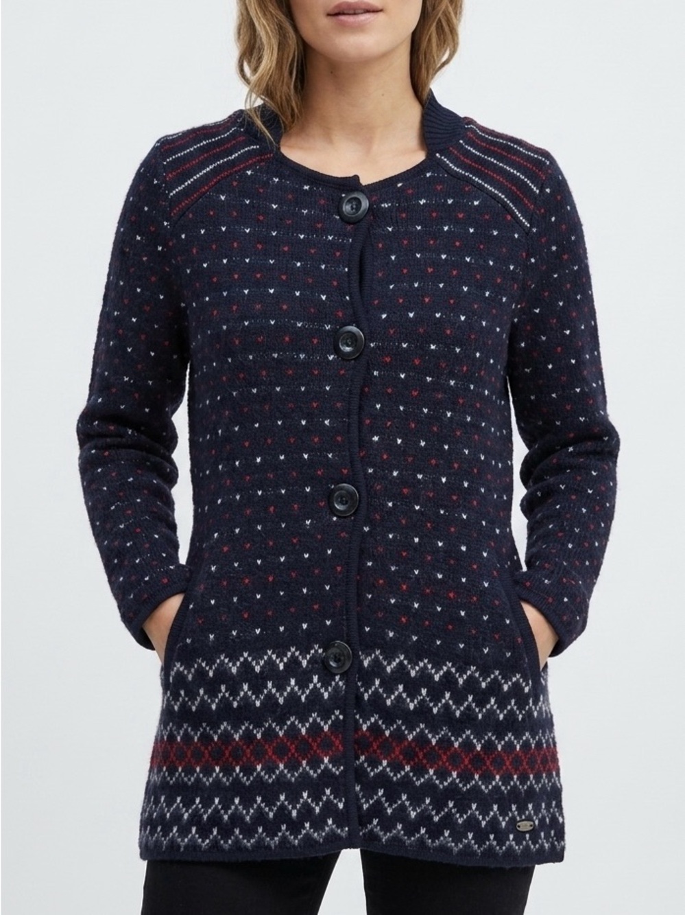 Free People Fair Isle Button Up Cardigan Sweater XS Navy Boho Cottagecore